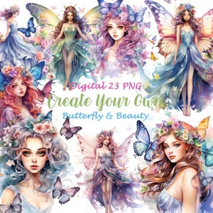 Aquarell Waldelfen Prinzessin Clipart, digitale Aufkleber für GoodNotes, Schönheit Illustration, druckbare Elfenkunst, Schmetterling Blumen, A42
