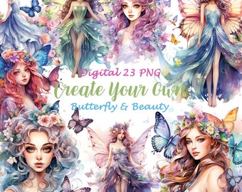 May include: Digital collage sheet featuring 23 PNG images of fairies and butterflies. The fairies are adorned with floral crowns and flowing gowns. The butterflies are in a variety of colours and sizes. The text "Create Your Own Butterfly & Beauty" is in the centre of the image.