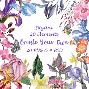 20 erstellbare Phoenix Tail Blumen, Aquarell Blumen Clipart Blumensträuße, Elemente, druckbare Hochzeitseinladung, Karte, digitale Clipart PNG