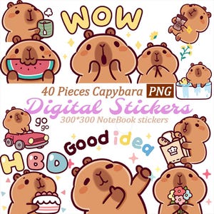 May include: A collection of digital stickers featuring cartoon capybaras in various poses. The stickers include text such as "WOW", "Good idea", and "HBD". The image also includes the text "40 Pieces Capybara PNG Digital Stickers 300*300 NoteBook stickers".