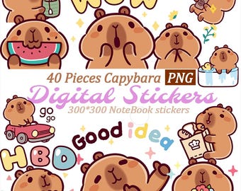 Kawaii Capybara Digital Sticker Pack, PNG (40+ Stickers)