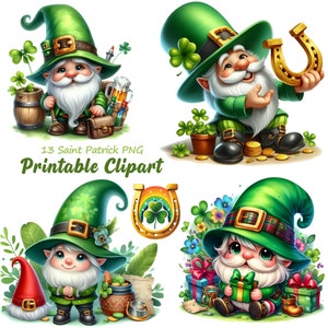 St. Patrick&#39;s Day Shamrocks Clipart, Saint Patrick Gnomes Clipart, Festive Gnomes Clipart, Good Luck Celebration Party, Commercial Use, A176