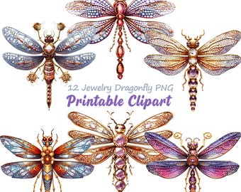 Watercolor Dragonfly Clipart, Gems, Diamond Embellishments (PNG, Instant Download)