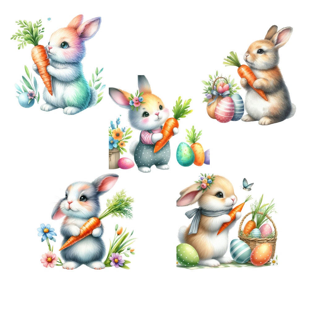 Easter Baby Bunnies PNG, Cute Bunny With Flowers Clipart, Easter Eggs ...