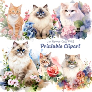 Siamese Cat Clipart, Cat With Wild Flowers PNGs, Nursery Art, Digital Download | Card Making, Cute Cat Clipart, Digital Paper Craft, A175