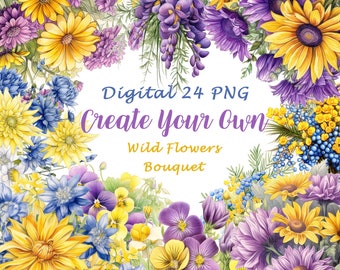 Retro Romantic Bouquets, Watercolor Floral,  Chrysanthemums, Wildflowers, Daisy, Printable Wedding Card, Commercial Use, Digital clipart A31