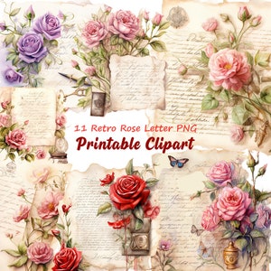 Imágenes prediseñadas de carta vintage, carta de flores románticas, imágenes prediseñadas de acuarela imprimible, Love Mail Digital Antique Valentine PNG, diario basura, A120