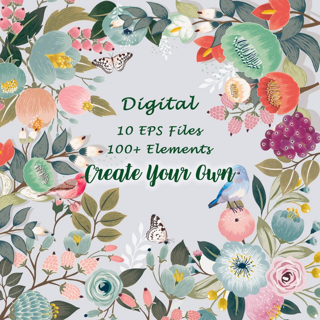 10 EPS Files Createable Hand Drow EPS flowers, Wild Floral Bouquets Elements, Printable Wedding Card, Commercial Use, Digital clipart