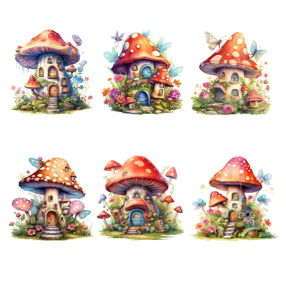 Retro Watercolor Mushroom House Elements, Fairy Tale House, Cute Forest ...