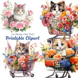 Siamese Cat Clipart, Cat With Wild Flowers PNGs, Nursery Art, Digital Download | Card Making, Cute Cat Clipart, Digital Paper Craft, A175