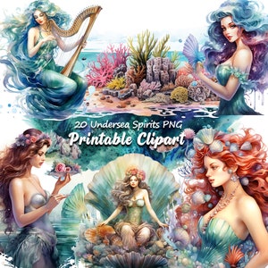 Könnte beinhalten: Ein Set mit 20 digitalen Clipart-Bildern mit Aquarell-Illustrationen von Meerjungfrauen und Unterwasserszenen. Die Bilder sind perfekt zum Erstellen von Einladungen, Karten und anderen Bastelarbeiten.