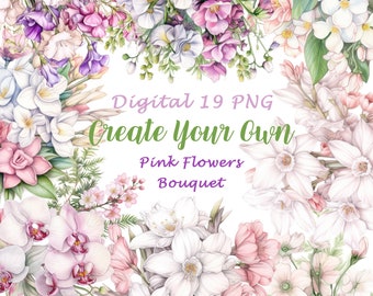 Retro Romantic Bouquets, Watercolor Pink Flowers, Orchids, Lily, Wildflowers, Printable Wedding Card, Commercial Use, Digital clipart A32