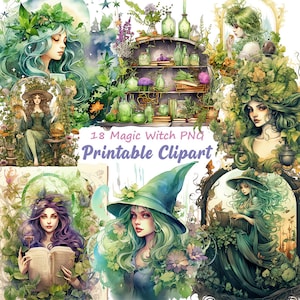 Magic Witch Watercolor Clipart, Green Elements Wizard, Magical Craft Bundle, Gothic Witch PNG, Crafts Scrapbooking, Transparent PNG, A111