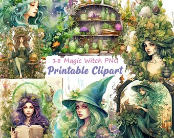 Green Witch Watercolor Clipart Bundle, Magic PNG (Digital Download)