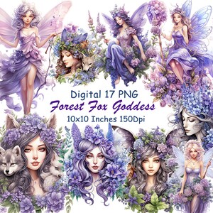 Aquarelle Forest Elf Purple Clipart, Autocollants numériques Png Bundle, Rétro Magnifique Esprit, Princesse de beauté, Renard imprimable et Art des fleurs, A88