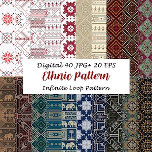 May include: A collection of 60 digital ethnic patterns, including 40 JPG and 20 EPS files. The patterns feature geometric designs in various colors, including red, blue, green, and brown. The patterns are seamless and can be used for a variety of projects, such as fabric, wallpaper, and website design.