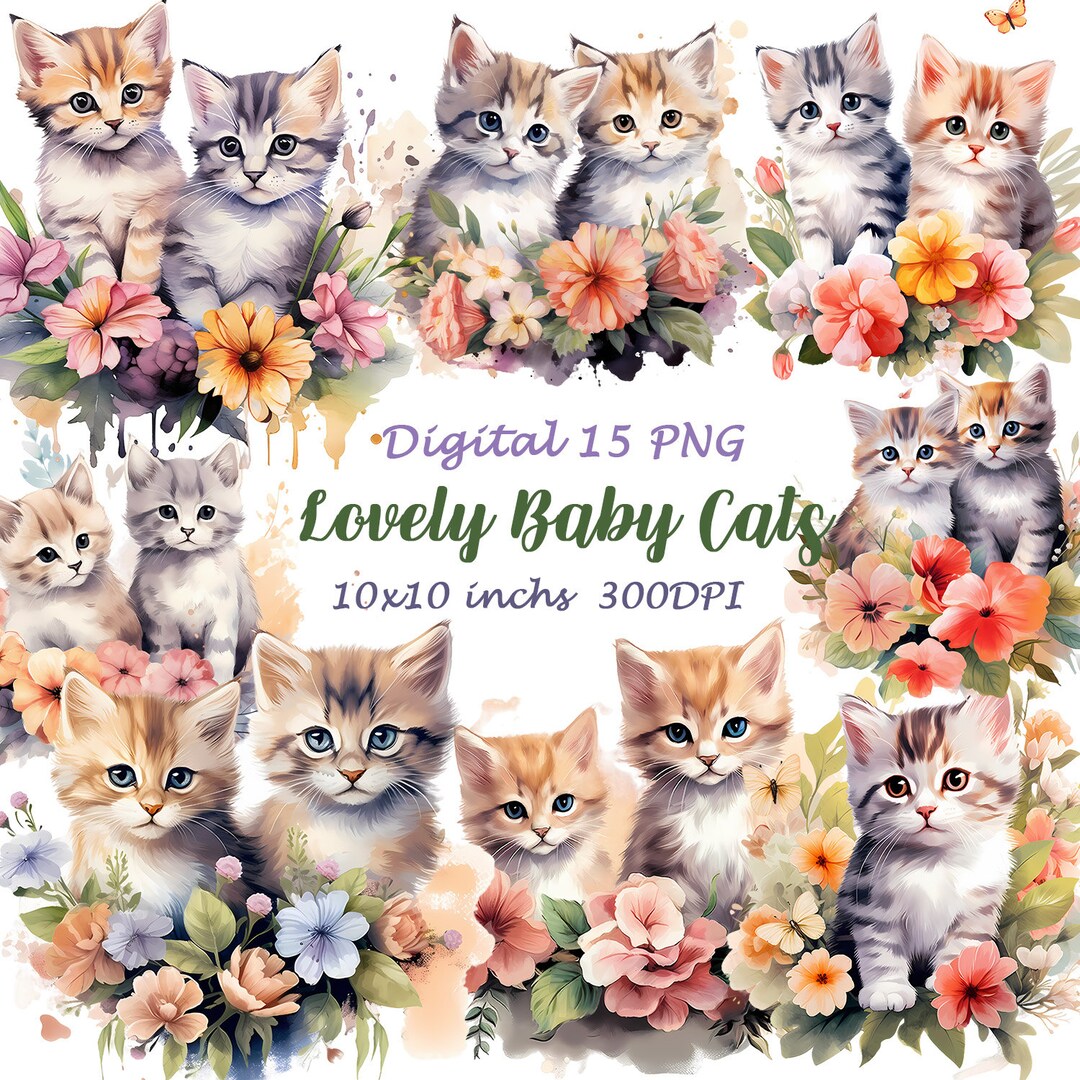 Watercolor Cats Clipart, Floral Kitten PNG (digital Download) - Etsy