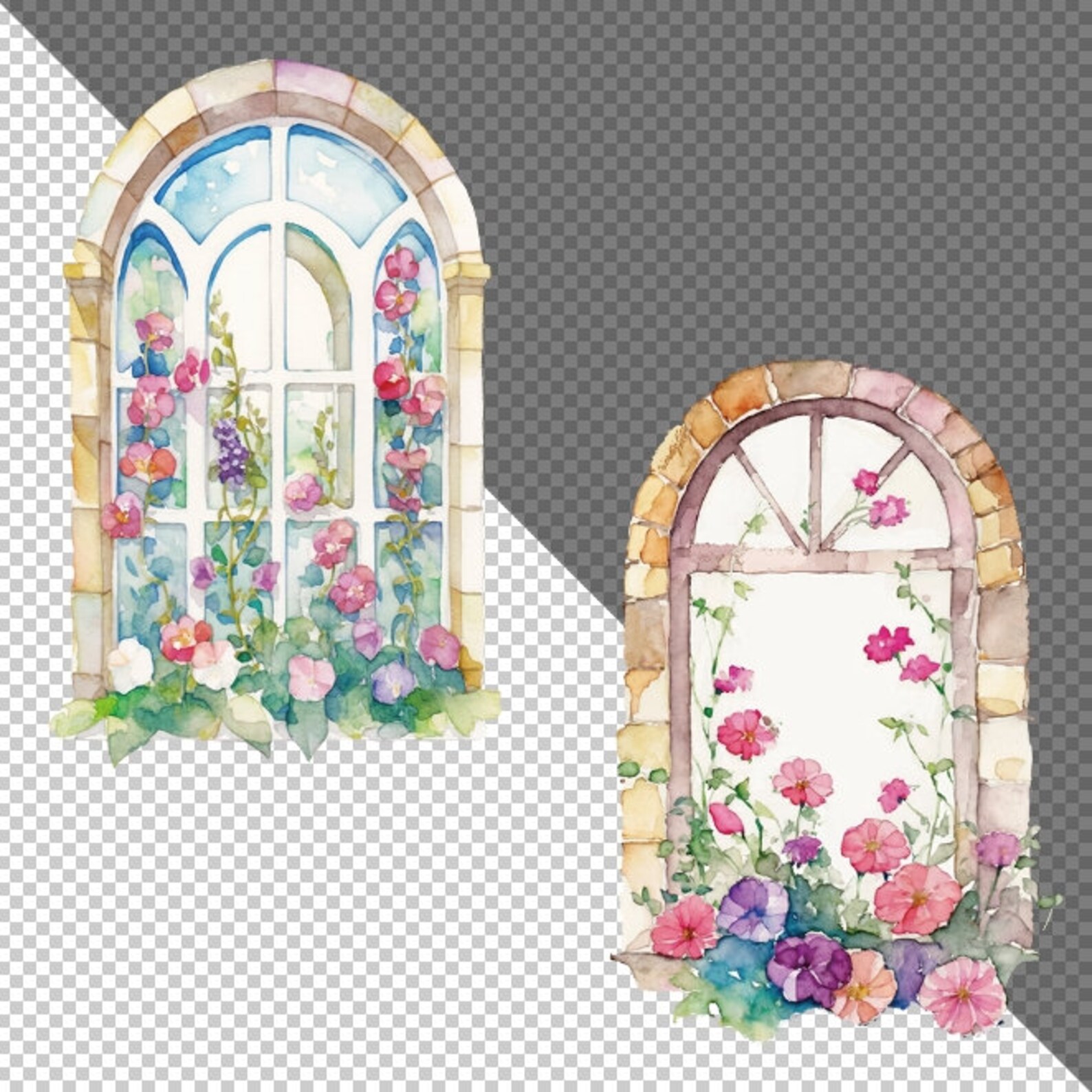 Watercolor Spring Windows Clipart - Flower Windows, Wildflowers, Format ...