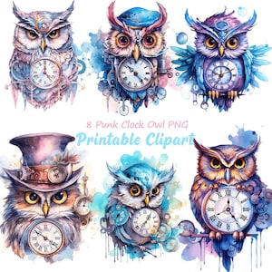 Imágenes PNG de un reloj de búho steampunk, animales en acuarela (descarga digital)