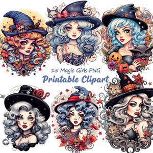 May include: A set of 15 digital illustrations of cute witches with black cats, pumpkins, and stars. The images are in a cartoon style and are perfect for Halloween crafts, scrapbooking, or digital design projects. 15 Magic Girls PNG Printable Clipart