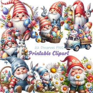 Può includere: Illustrazioni di gnomi a tema pasquale. Gli gnomi indossano cappelli e abiti colorati, con uova e cestini pasquali. L'immagine include il testo "21 Dwarves PNG Printable Clipart."