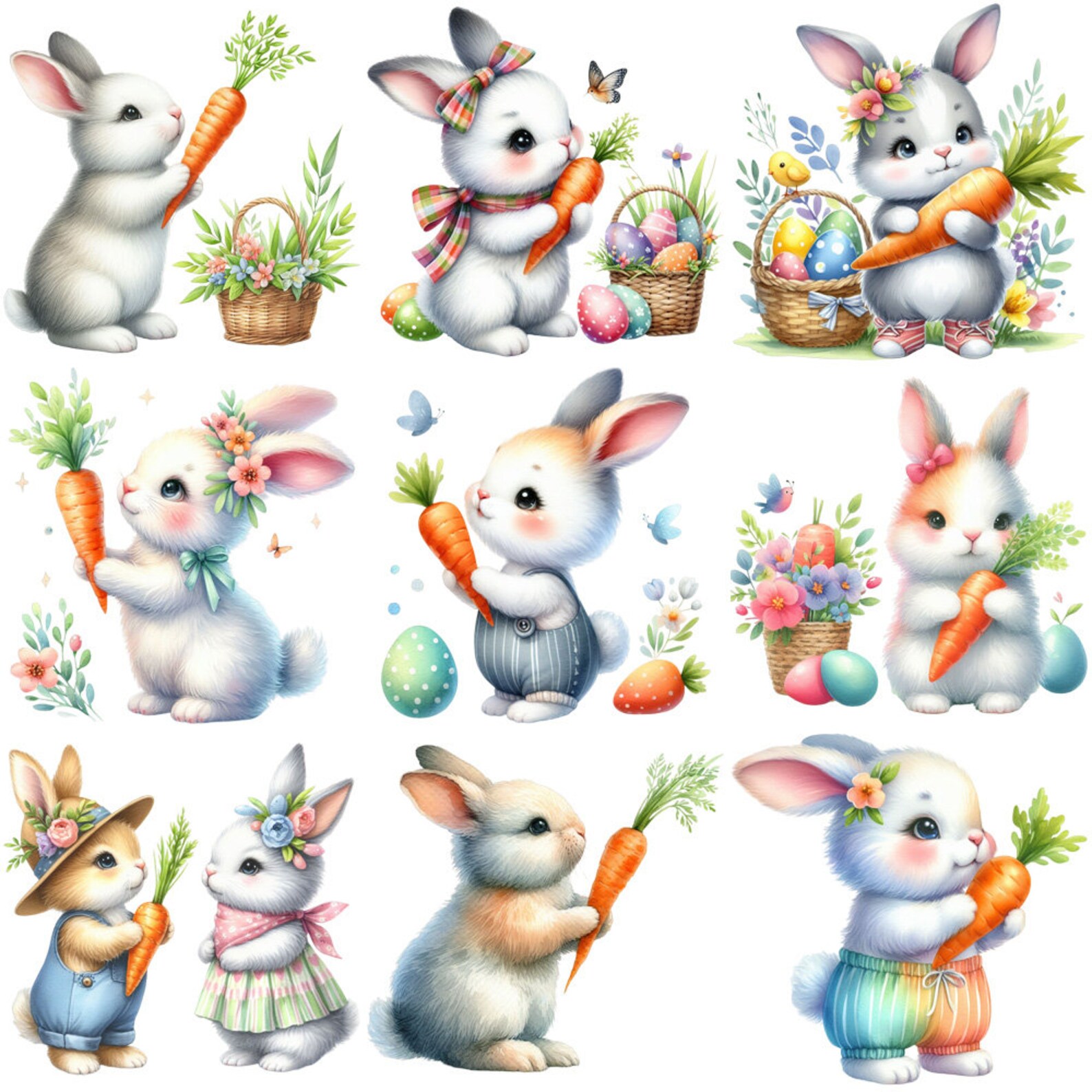 Easter Baby Bunnies PNG, Cute Bunny With Flowers Clipart, Easter Eggs ...
