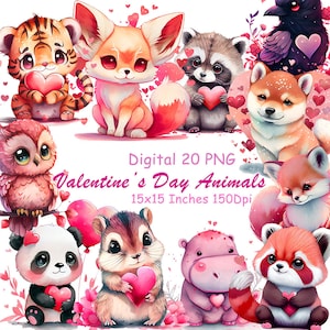 Niedliche Valentinstag Tiere Clipart, romantische digitale Aufkleber, niedlicher Panda, Vogel, Katze, Fuchs, rosa druckbares Herz & Blumen Geschenke, A89