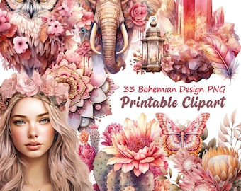 Watercolor Western Clipart, Boho Flowers, Butterfly Jewelry (PNG, Digital Download)