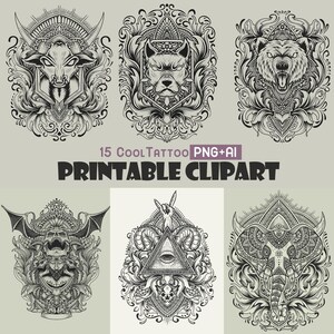 Tattoo Monster Clipart, Tarot-Karte PNG, Mandala-Vektorgrafik, Schwarz-Weiß-Handwerk PNG, Transparent druckbare digitale Png + EPS-Download, A178