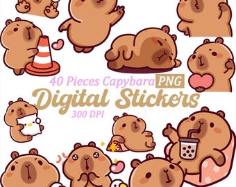 Kawaii Capybara Digital Sticker Pack, Goodnotes Planner (PNG)