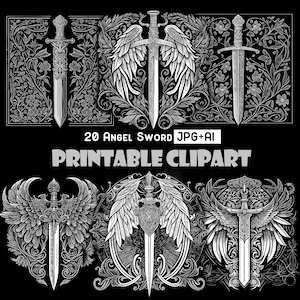 König Schwert Clipart, Vine Engel Flügel PNG, Mandala Vektor Kunst, schwarz & weiß Teufel Handwerk PNG, druckbare digitaler Download, A179