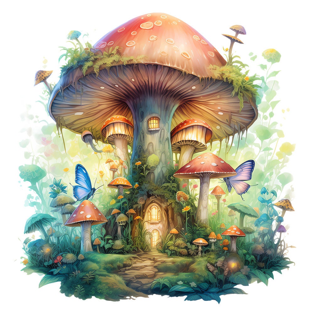 Retro Watercolor Mushroom House Elements, Fairy Tale House, Cute Forest ...