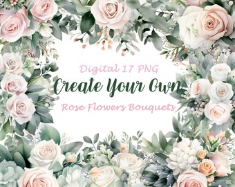 Retro Romantic Bouquets, Pink Roses Flowers, Rose Floral Bouquets Elements, Printable Wedding Card, Commercial Use, Digital clipart A49