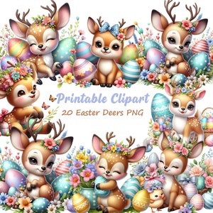 May include: Printable clipart featuring 20 Easter deer illustrations. The deer are depicted in various poses, surrounded by colorful Easter eggs and flowers. The text "Printable Clipart" and "20 Easter Deers PNG" is displayed on a blue banner.