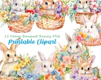 Watercolor Baby Bunnies Clipart, Floral Easter Rabbit PNG (Digital Download)
