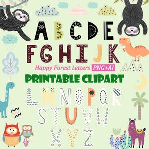 Conjunto de letras de animais, letras de pôster de floresta, vetor para impressão de 26 letras, design de suprimentos para festas, clipart de cartão, arte digital Downland, A190