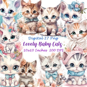 Aquarell Glückskatzen Clipart - süße Blumen Katzen und Kätzchen mit Wildblumen PNG, Baby Katze Digitale Aufkleber Clipart, Digital Download, A96