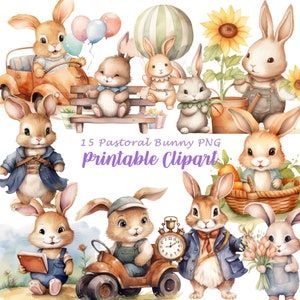 Pastoral Watercolor baby Bunnies PNG, Cute Bunny Famer Clipart, Easter Rabbit Art, Transparent PNG Printable Stickers, Card Making, A103