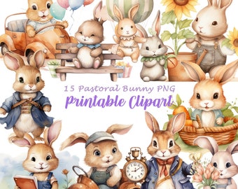Pastoral Watercolor Bunny Clipart, Easter Rabbit Art (PNG Digital Download)