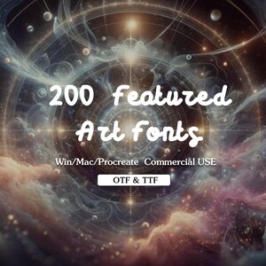 Könnte beinhalten: Ein farbenfroher, abstrakter Hintergrund mit einem wirbelnden Nebelmuster. Der Text "200 ausgewählte Kunst-Schriftarten" ist in einer weißen, stilisierten Schrift geschrieben. Unter dem Text steht "Win/Mac/Procreate Commercial USE" und "OTF & TTF".