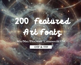 May include: A colorful, abstract background with a swirling nebula pattern. The text "200 featured art fonts" is written in a white, stylized font. Below the text, it says "Win/Mac/Procreate Commercial USE" and "OTF & TTF".