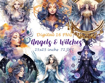 Witch Watercolor Clipart Bundle, Mystical Celestial PNG (Digital Download)