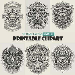 Tattoo Monster Clipart, Tarot-Karte PNG, Mandala-Vektorgrafik, Schwarz-Weiß-Handwerk PNG, Transparent druckbare digitale Png + EPS-Download, A178