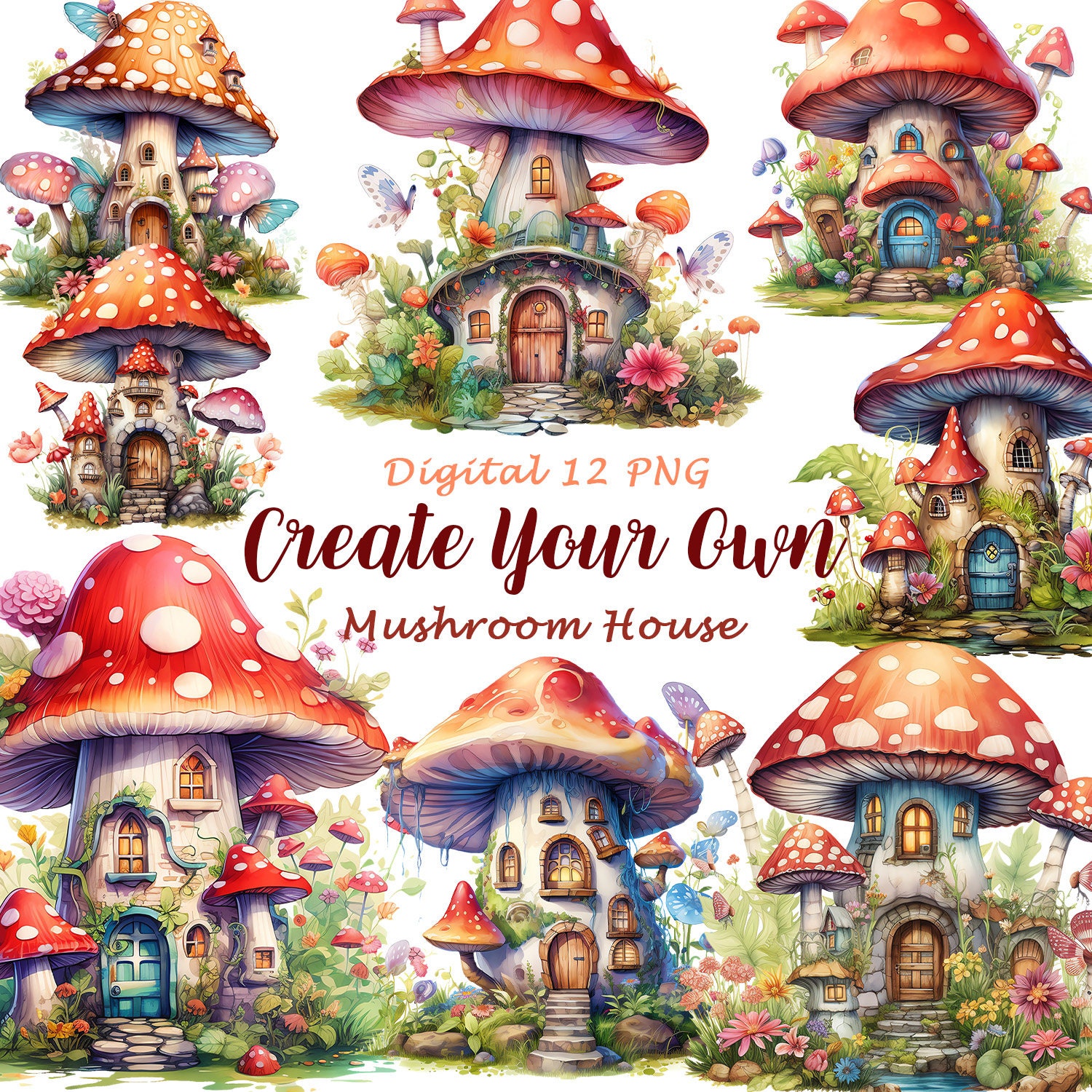 Retro Watercolor Mushroom House Elements, Fairy Tale House, Cute Forest ...