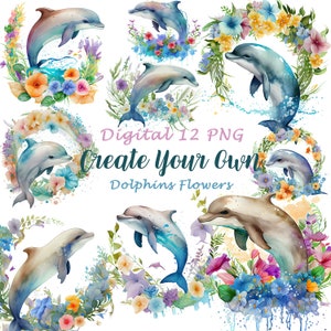 Retro Watercolor Dolphins and Flowers Elements, Wonderful World, Ocean Spirit Printable Story Book Card, Commercial Use, Digital clipart A27