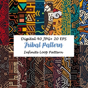May include: A collection of 60 digital tribal patterns, including 40 JPG and 20 EPS files. The patterns feature geometric shapes, lines, and swirls in a variety of colors, including black, white, red, yellow, blue, and green. The patterns are seamless and can be used for a variety of projects, such as fabric, wallpaper, and website design.