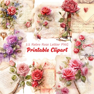 Carta romántica, imágenes prediseñadas de carta rosa vintage, imágenes prediseñadas de acuarela imprimibles, fondo digital de correo de amor, artesanía en papel, diario basura, A120