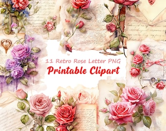 May include: Eleven digital images of vintage roses and handwritten letters, perfect for scrapbooking, card making, or digital design projects.  The images are in a retro style with a watercolor effect.