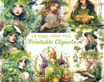Green Witch Watercolor Clipart Bundle, Mystical PNG Graphics (Digital Download)