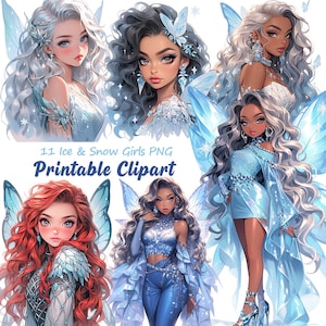 Snow Girls Watercolor Clipart, Winter Icy Fashion Beauty clipart, Magic Princess Cute Girls Clipart, Celestial Witch, Transparent PNG, A139